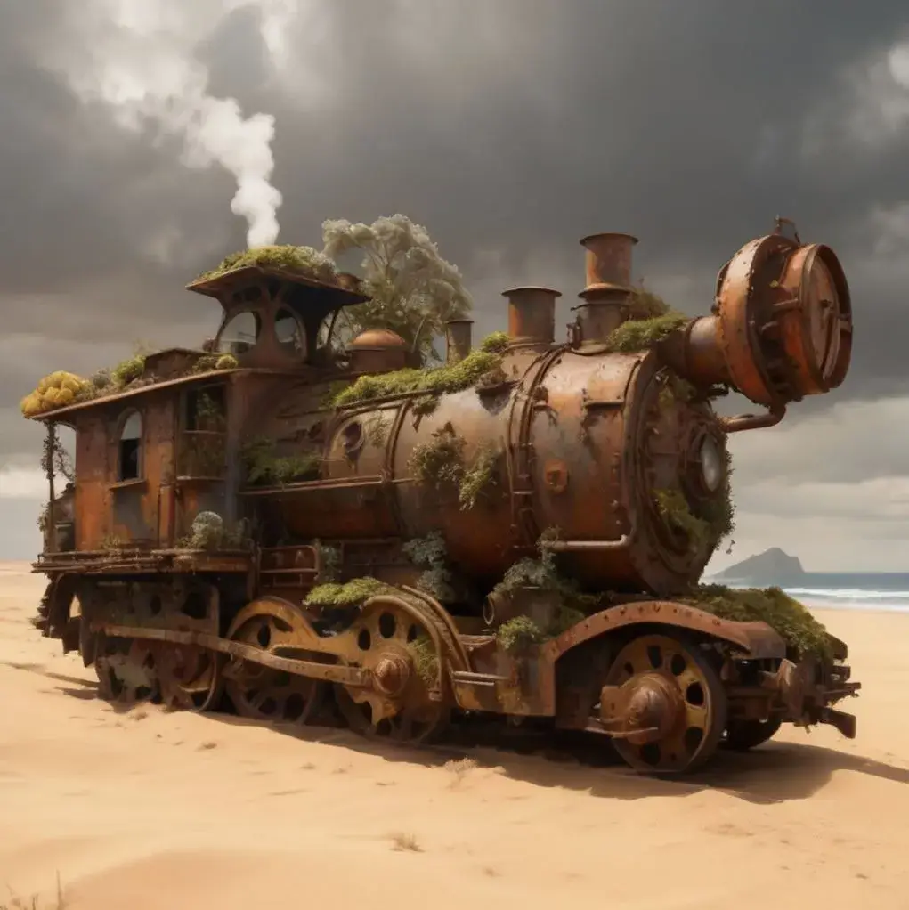 AI-generated image of vintage train in desert